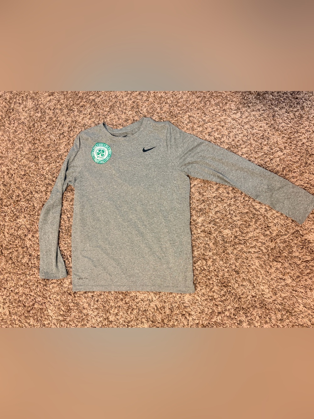 Nike Gray Long-Sleeve Tee with Green Crest and Black Swoosh